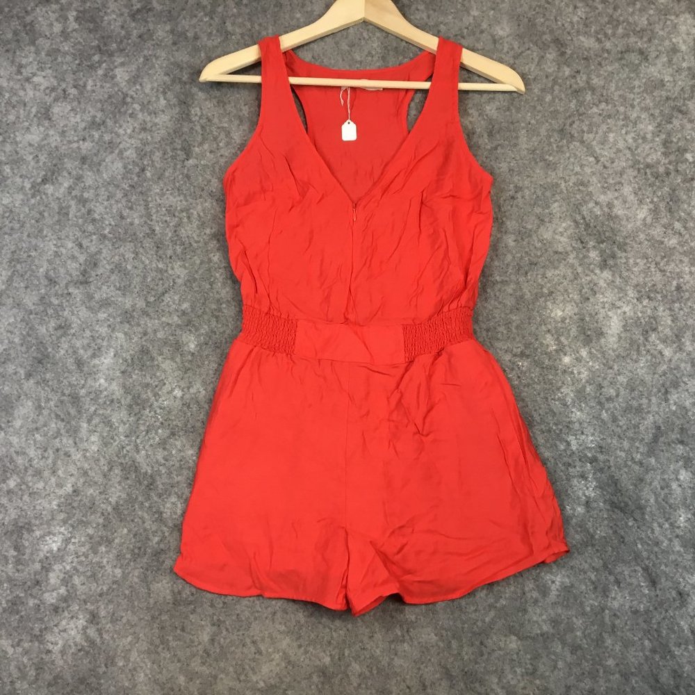 Urban Outfitters Romper XS Solid Red V Neck Smocked Racerback Playsuit Sleeveles